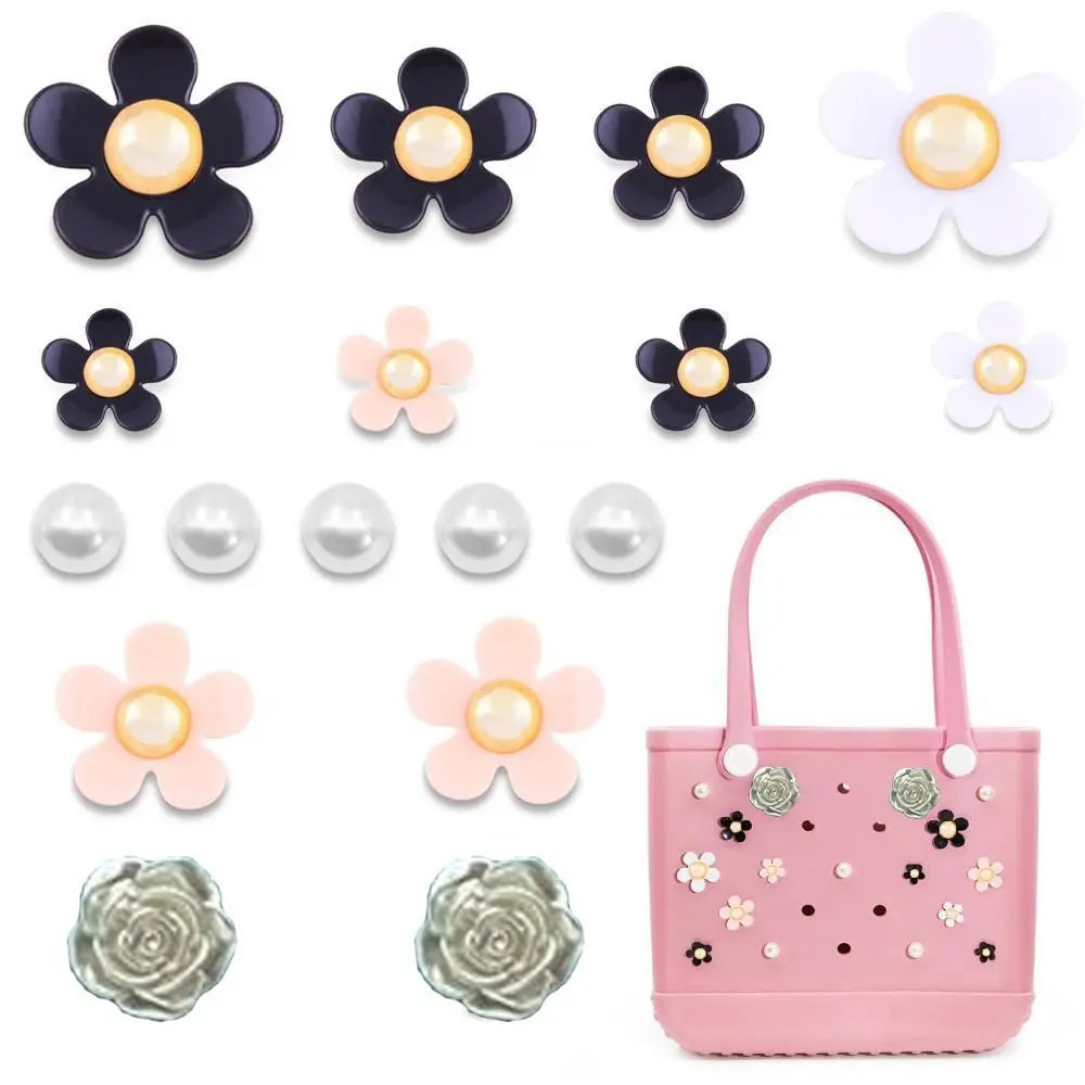 24PCS Colorful Charms for Bogg Bags Rubber Beach Bag Handbag Beach Bag Accessories Charms DIY Flowers and Pearls for Bogg Bag