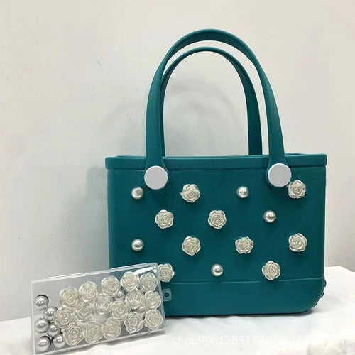 24PCS Colorful Charms for Bogg Bags Rubber Beach Bag Handbag Beach Bag Accessories Charms DIY Flowers and Pearls for Bogg Bag