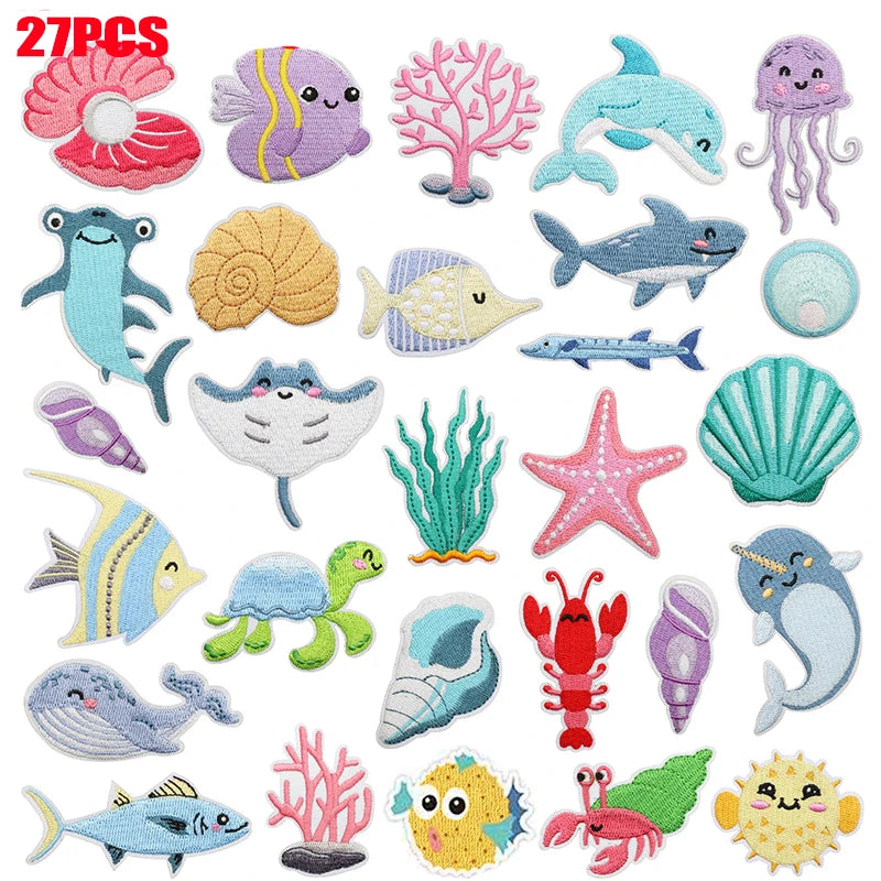 10PCS Marine Creature Embroidered Patches Iron On Patches For Clothes DIY Shark Dolphin Patch Jellyfish Conch Octopus Patch