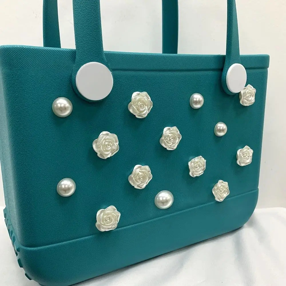 24PCS Colorful Charms for Bogg Bags Rubber Beach Bag Handbag Beach Bag Accessories Charms DIY Flowers and Pearls for Bogg Bag