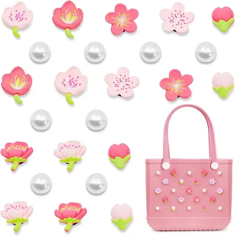 24PCS Colorful Charms for Bogg Bags Rubber Beach Bag Handbag Beach Bag Accessories Charms DIY Flowers and Pearls for Bogg Bag