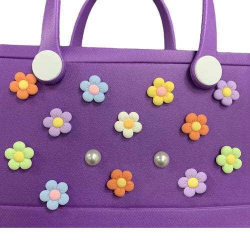 24PCS Colorful Charms for Bogg Bags Rubber Beach Bag Handbag Beach Bag Accessories Charms DIY Flowers and Pearls for Bogg Bag
