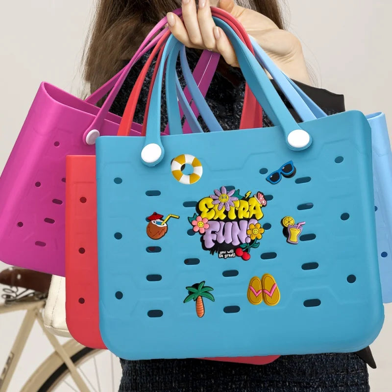 7pcs of cute cartoon beach bag pendant, easy to insert and replace beach bag accessories, travel beach bag pendant accessories