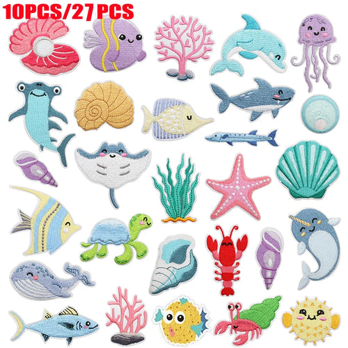 10PCS Marine Creature Embroidered Patches Iron On Patches For Clothes DIY Shark Dolphin Patch Jellyfish Conch Octopus Patch