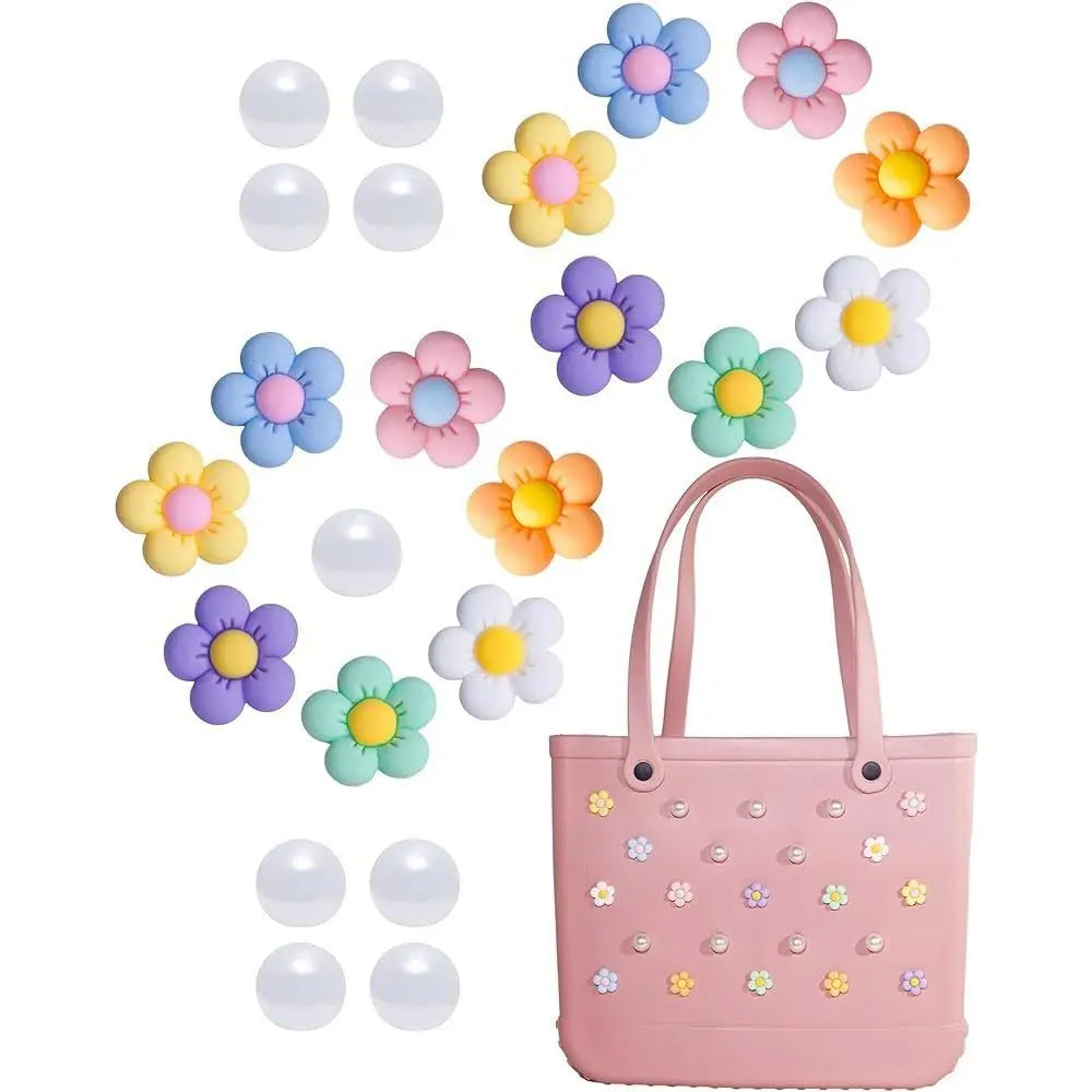 24PCS Colorful Charms for Bogg Bags Rubber Beach Bag Handbag Beach Bag Accessories Charms DIY Flowers and Pearls for Bogg Bag