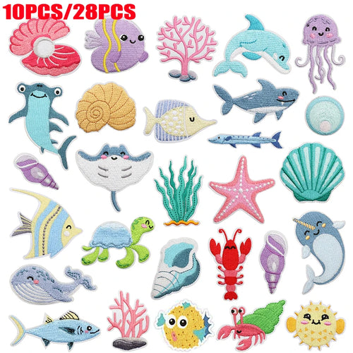 10PCS Marine Creature Embroidered Patches Iron On Patches For Clothes DIY Shark Dolphin Patch Jellyfish Conch Octopus Patch
