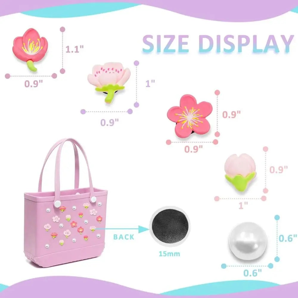 24PCS Colorful Charms for Bogg Bags Rubber Beach Bag Handbag Beach Bag Accessories Charms DIY Flowers and Pearls for Bogg Bag
